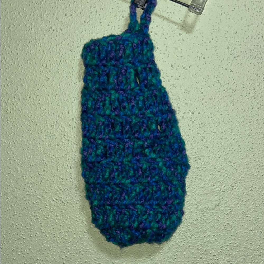 Handmade Blue and Green Crochet plastic bag holder. Load from top.